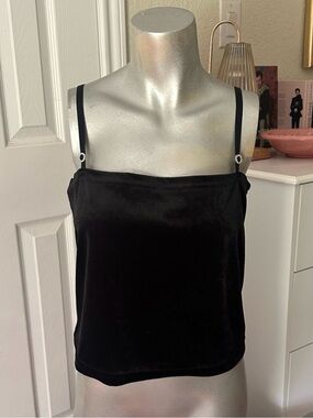 Simply Style Vintage 90s Black Crushed Velvet Rhinestone Detail Cropped Tank